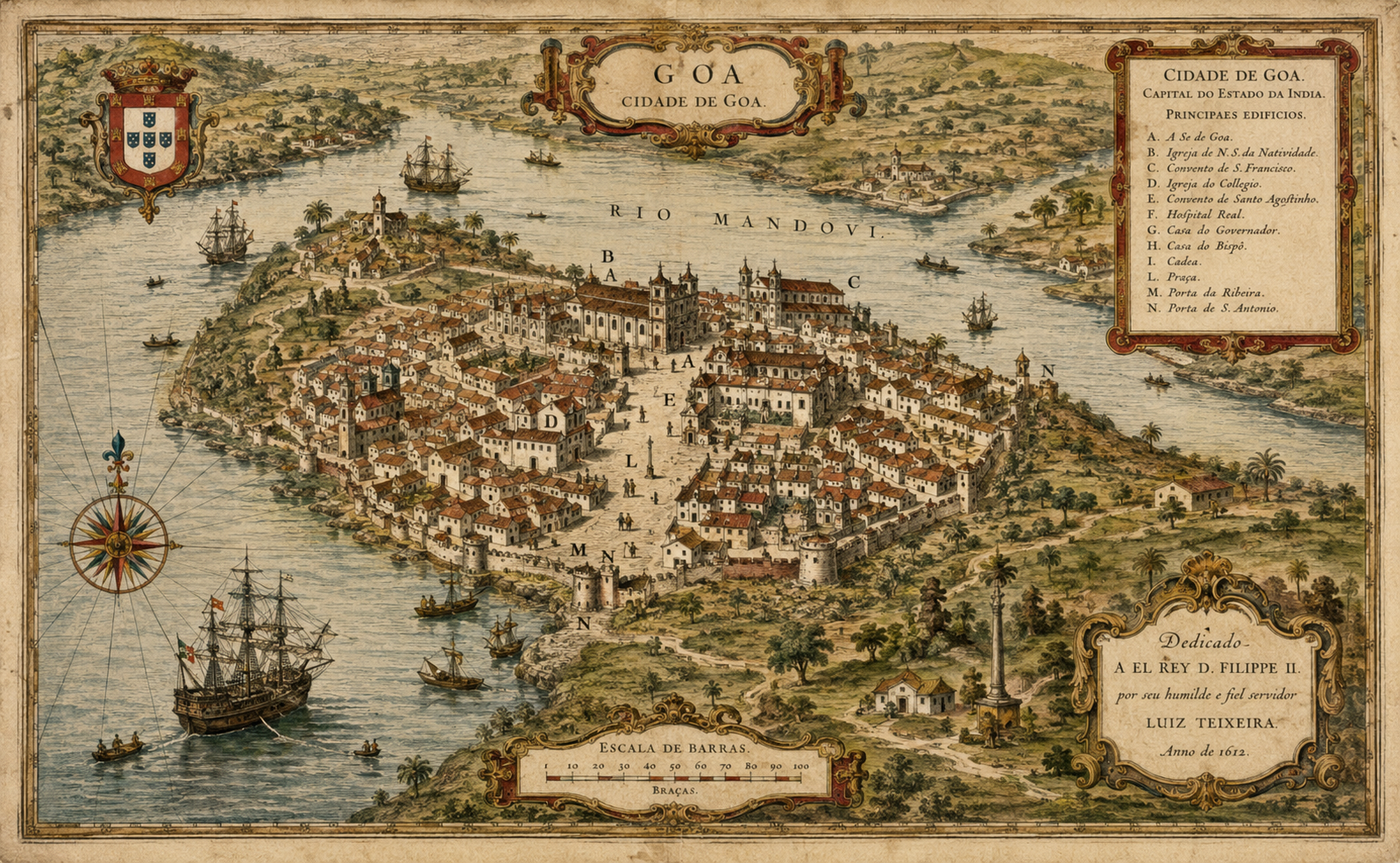 Alte portugiesische Karte oder historische Darstellung von Goa (16.–17. Jahrhundert).