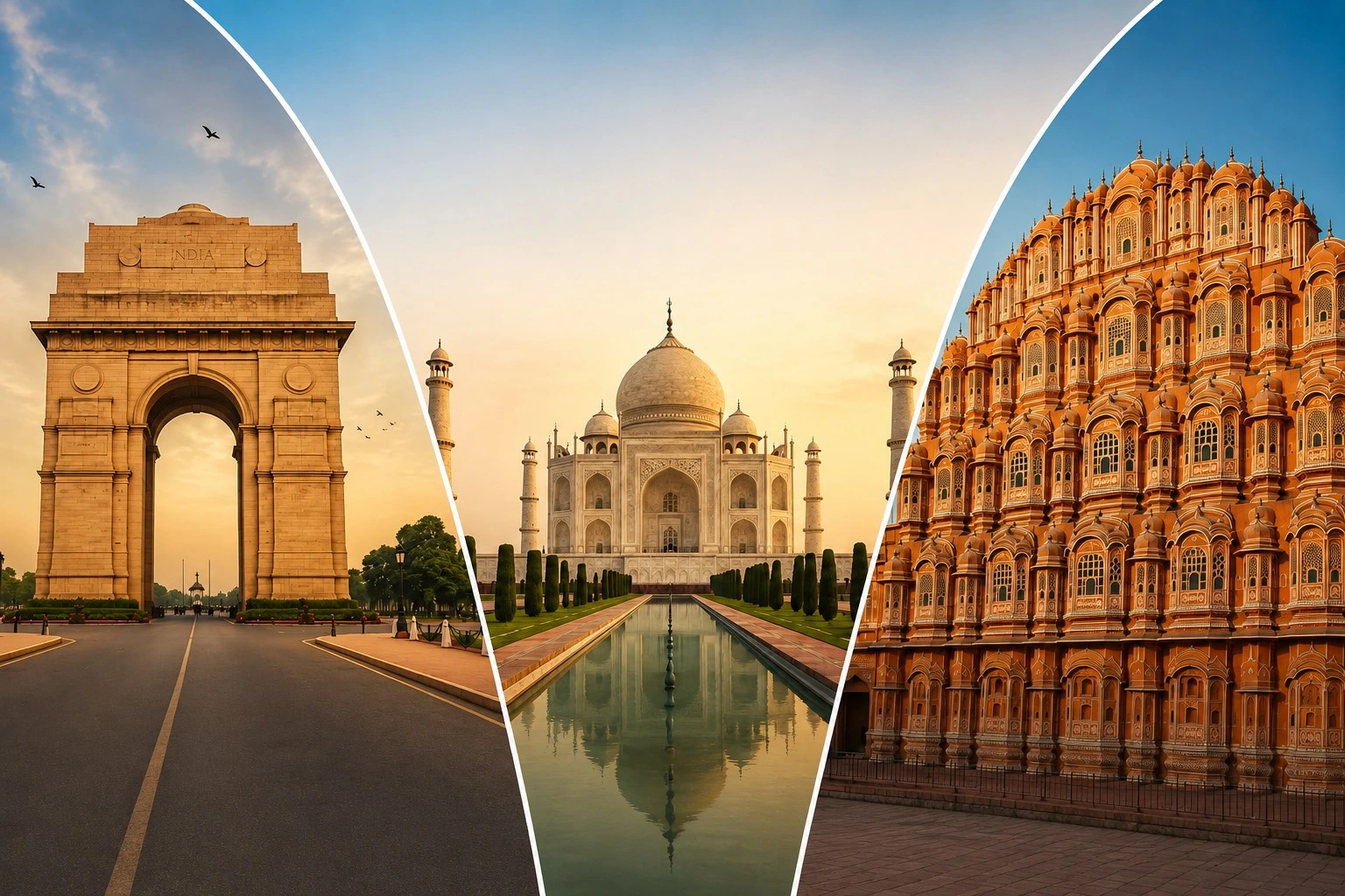 Golden Triangle India travel collage featuring India Gate in Delhi, the Taj Mahal in Agra, and the Hawa Mahal in Jaipur.